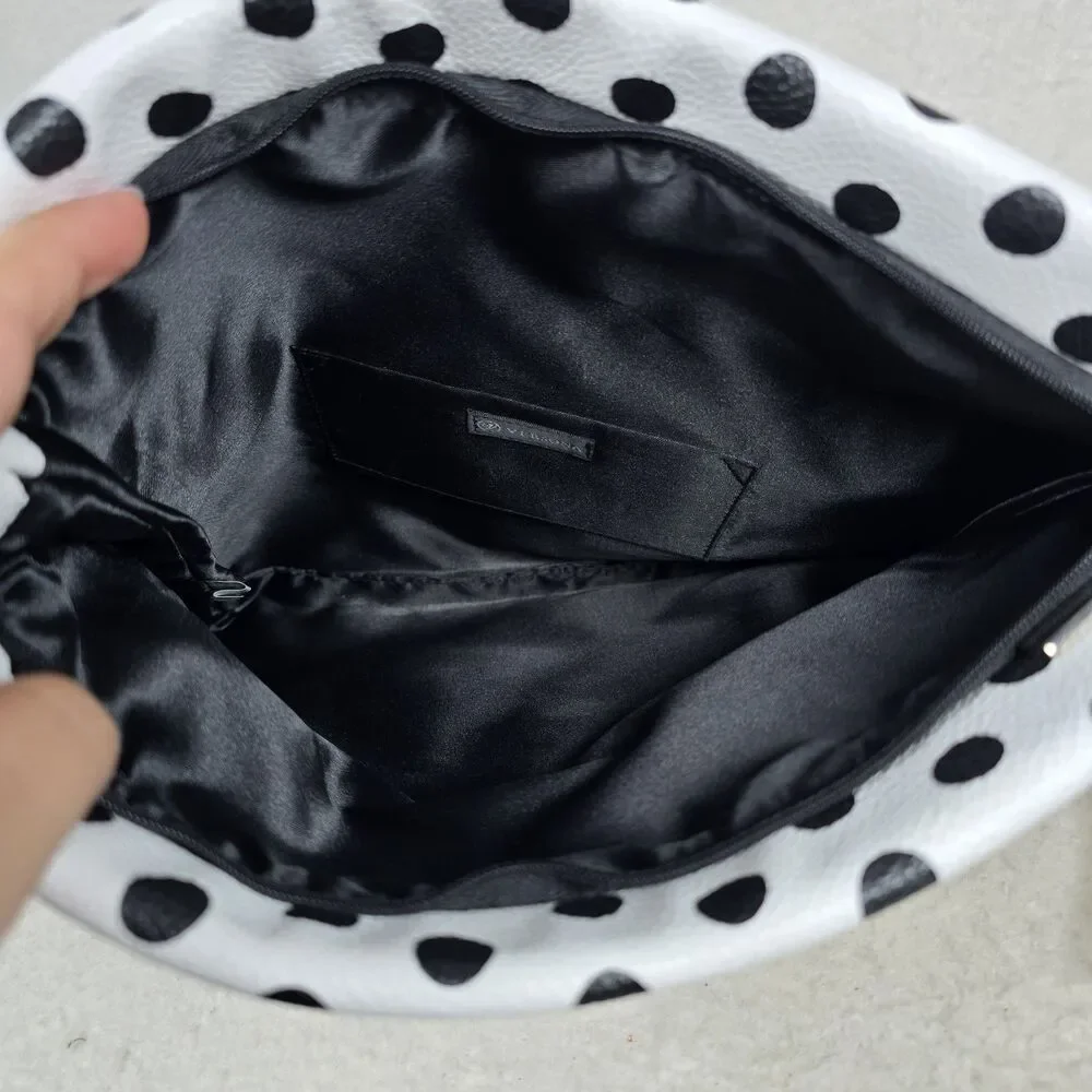 Versona Black and White Polka-dot Foldover Clutch With Metal Strap